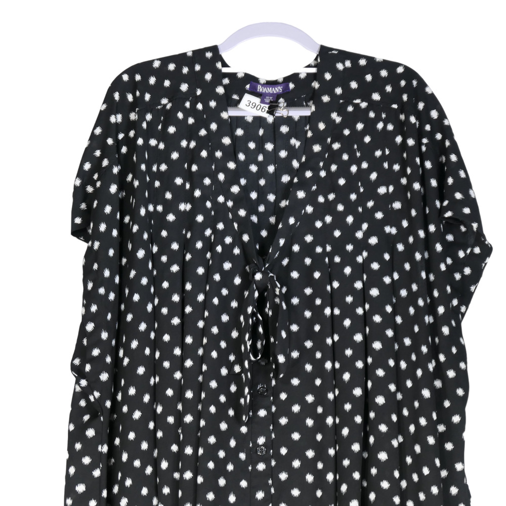 Roamans Blouse Womens Size 32W Button Front Black White Sheer Bow